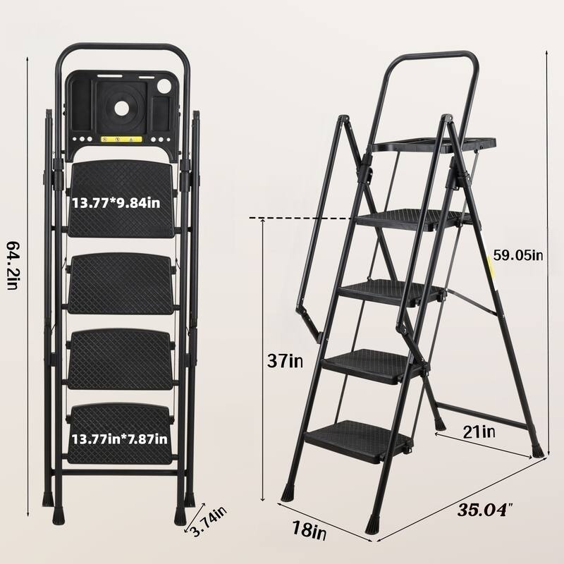 4 Step Ladder, Folding Step Stool with Non-Slip Wide Pedals, Soft Handle, 330 lb Capacity Steel Ladder, Suitable for Home