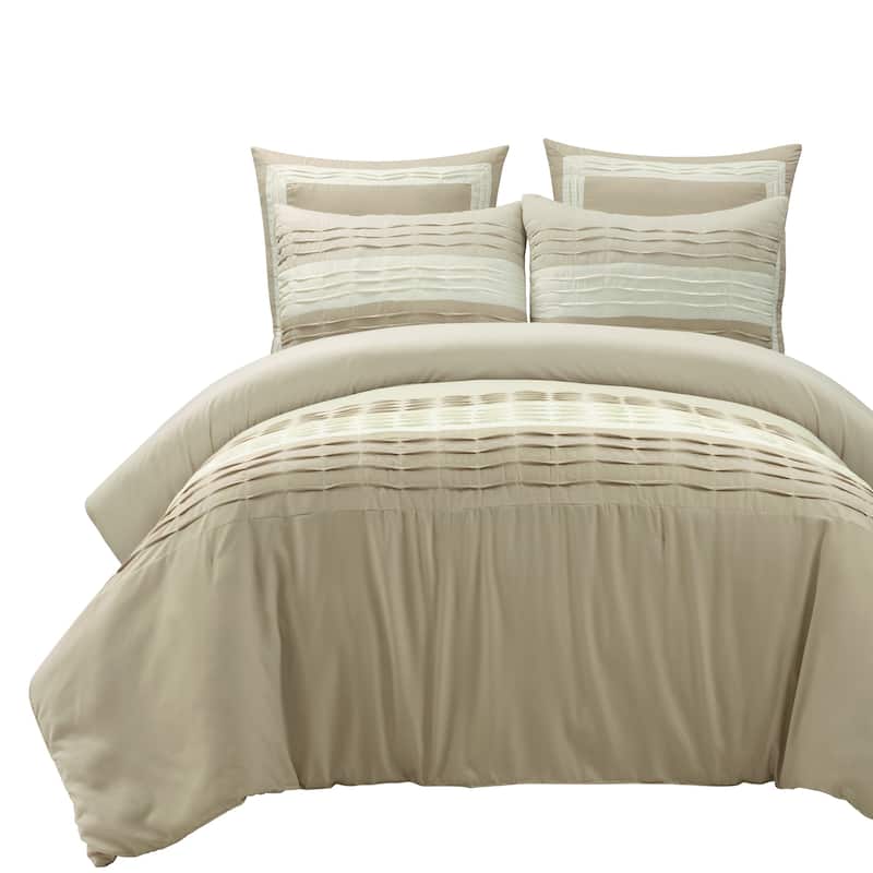 Lush Decor Mia Solid Pleated Color Block With Euro Shams Comforter 5 Piece Set