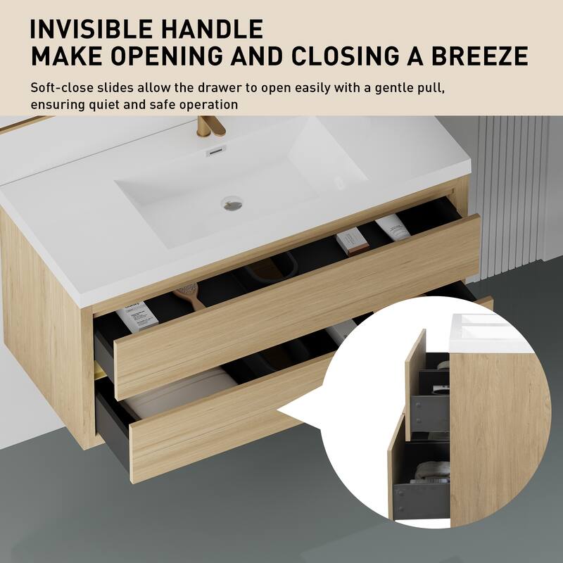 GDFStudio - Maxwell Floating Bathroom Vanity with Stone Resin Countertop & Soft-Close Drawers