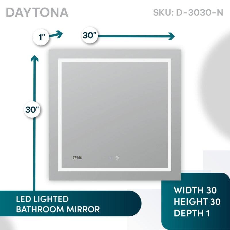 AQUADOM Daytona 24" Led Lighted Mirror for Bathroom Defogger, Digital Clock - 24"x36"x1"