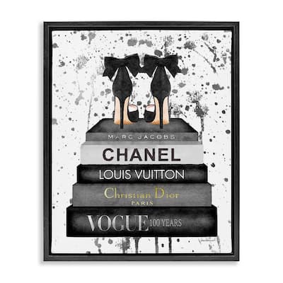 Stupell Glam Fashion Book Stack Grey Bow Pump Heels Ink Floater Frame - Black