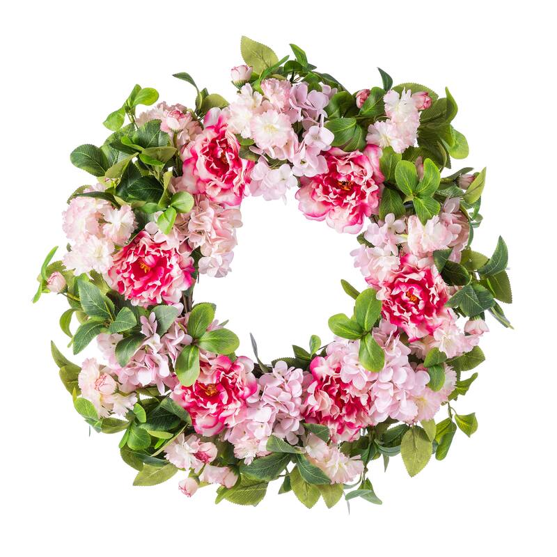 Glitzhome Pink Hydrangea, Peony & Cherry Wreath Garland - Wreath