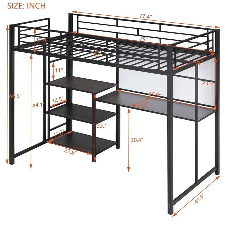 Metal Loft Bed with Shelves, Desk, Whiteboard & Ladder
