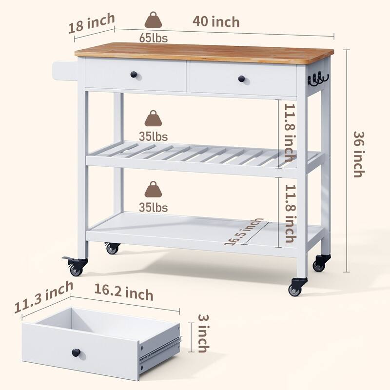 Kitchen Island Cart, Rolling Trolley Utility Cart on Wheels with 2 Drawers and 2 Open Tiers Storage Shelves
