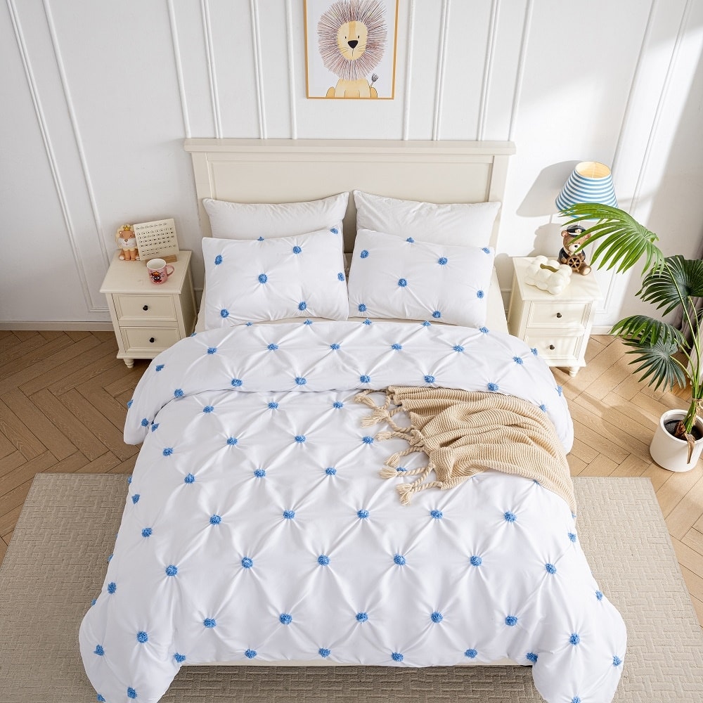 WHOLINENS Microsuede Embroidered Pinch Pleat Duvet Cover Set 3pcs