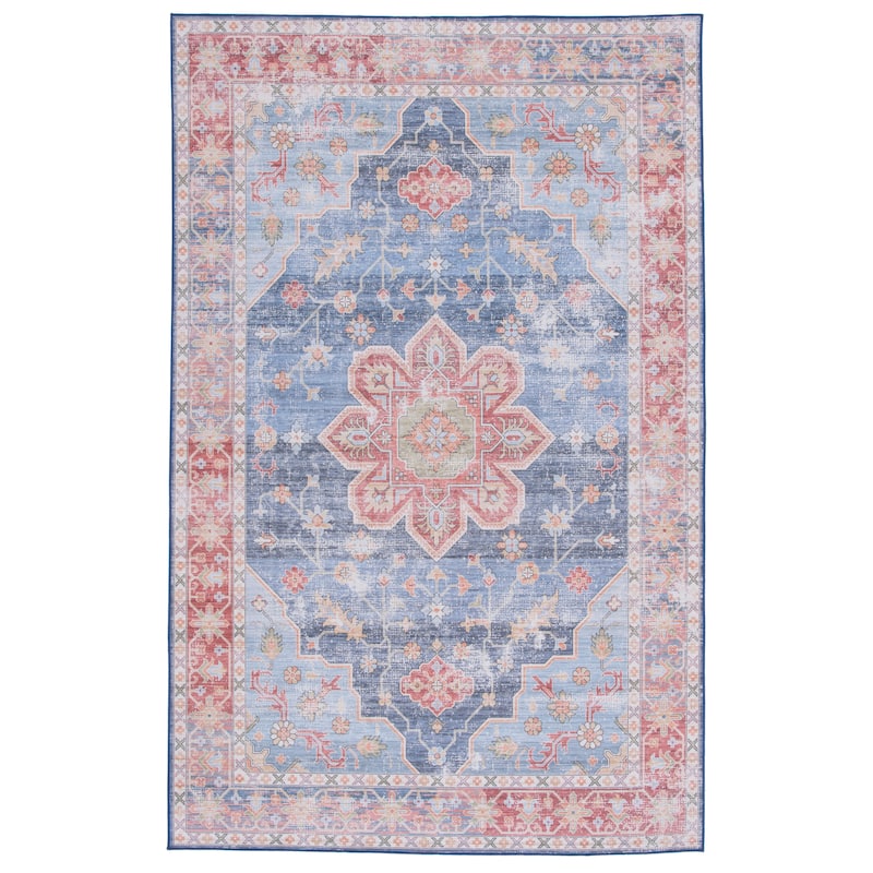 SAFAVIEH Tucson Machine Washable Slip Resistant Mallie Oriental Medallion - 5' Square - Blue/Rust - Square