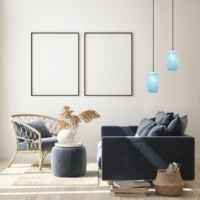 Adriana River of Goods Black Metal and White/Blue Glass 6-Inch Pendant Light with Adjustable Hanging Cord - 6" x 6" x 70.75"