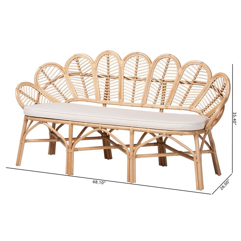 Eliava Natural Rattan Accent Bench with Cushion - Coastal Boho Loveseat with Scalloped Fan Back for Living Room or Sunroom