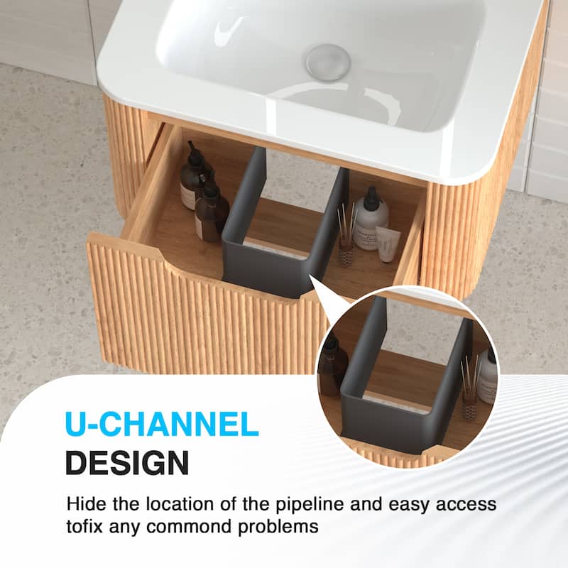 Wall-Mounted Floating Bathroom Vanity with Ceramic Basin - Walnut