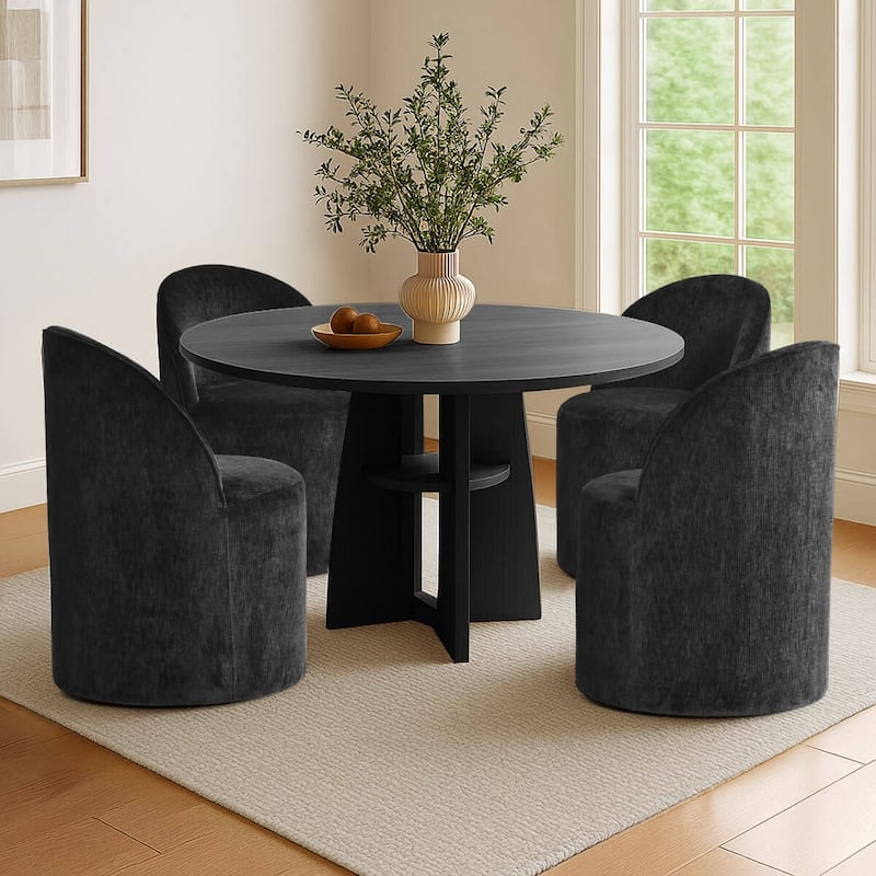 Chenille Rolling Upholstered Dining Chair with Wheels (Set of 4) - Black