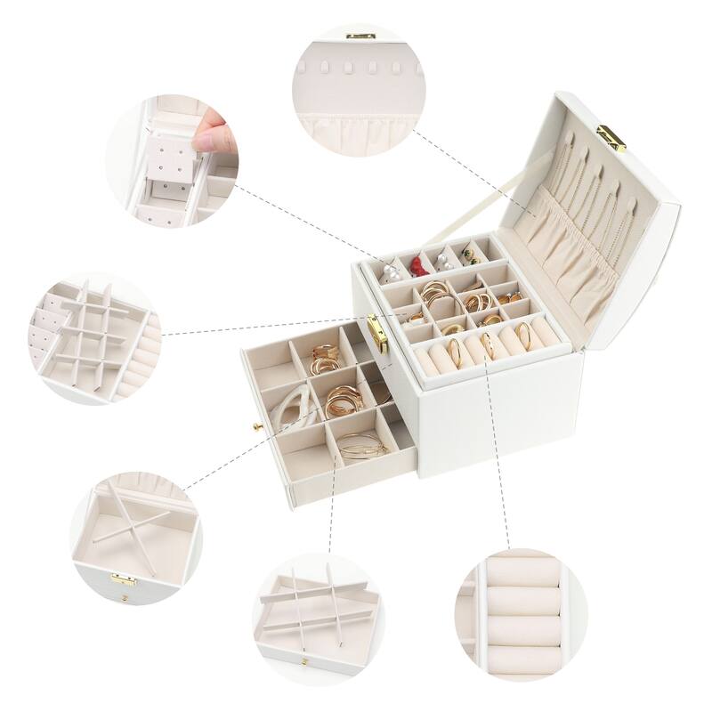 3 Layer Jewelry Box, PU Leather Jewelry Organizer Case Storage Display Holder with Drawer, Removable Jewelry Tray - 17*14*13cm