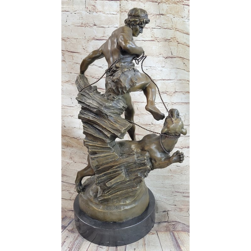Signed Barye Muscular Man Defends Himself Against Imitative Lion Bronze Sculpture Figurine