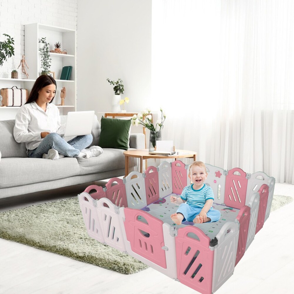 22-Panel Pink and White Foldable Baby Playpen with Safety Lock