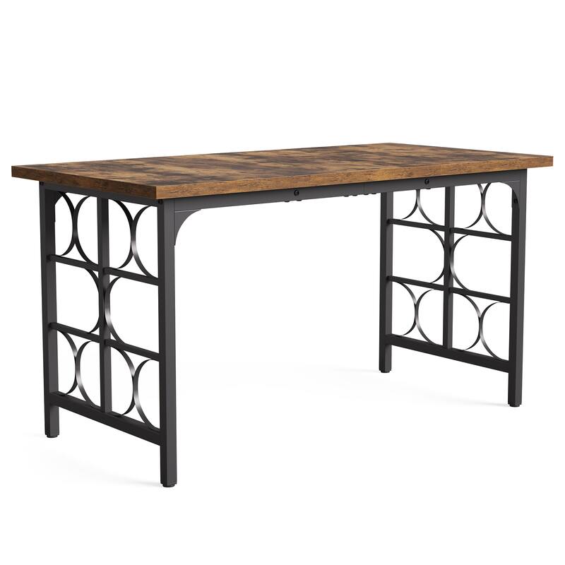 55 Inch Large Computer Desk, Industrial Office Desk with Metal Frame - Brown + Black