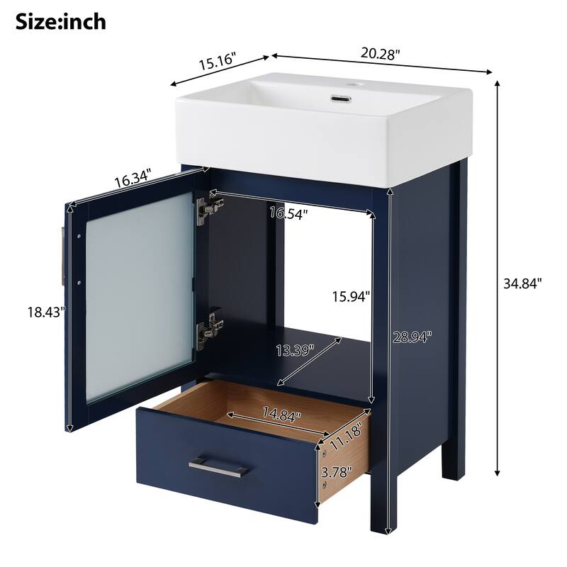 20-Inch Blue Bathroom Vanity with Ceramic Sink, Soft-Close Door & Ample Storage for Small Spaces - 15.16in L Solid Wood+MDF