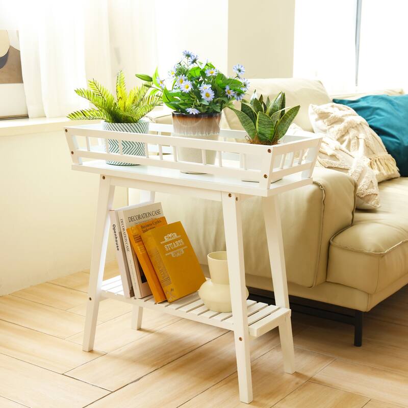 Wooden Rectangular Raised Garden Plant Stand White Modern 2 Tier - 29x10x27 inch