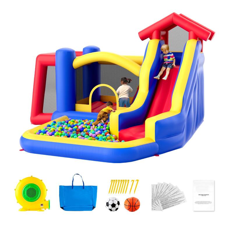 Inflatable Outdoor Trampoline Jumping Bouncer House with Blower Slide and Storage Bag - 131.1” x 133.1” x 90.6”