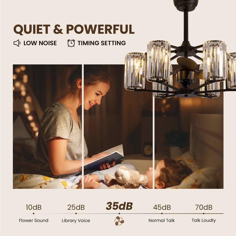 27" Crystal Ceiling Fan with Light and Remote Control 6-Light Black Caged Fandelier Luxury Ceiling Fan for Living Room Kitchen