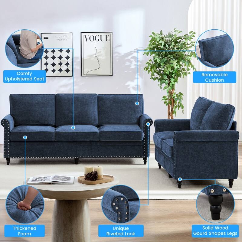 Mixoy 2 Piece Living Room Sofa Set with Riveted Design,Chenille Nailhead W76''3-Seater Sofa Couch with W53''Loveseat Sofa