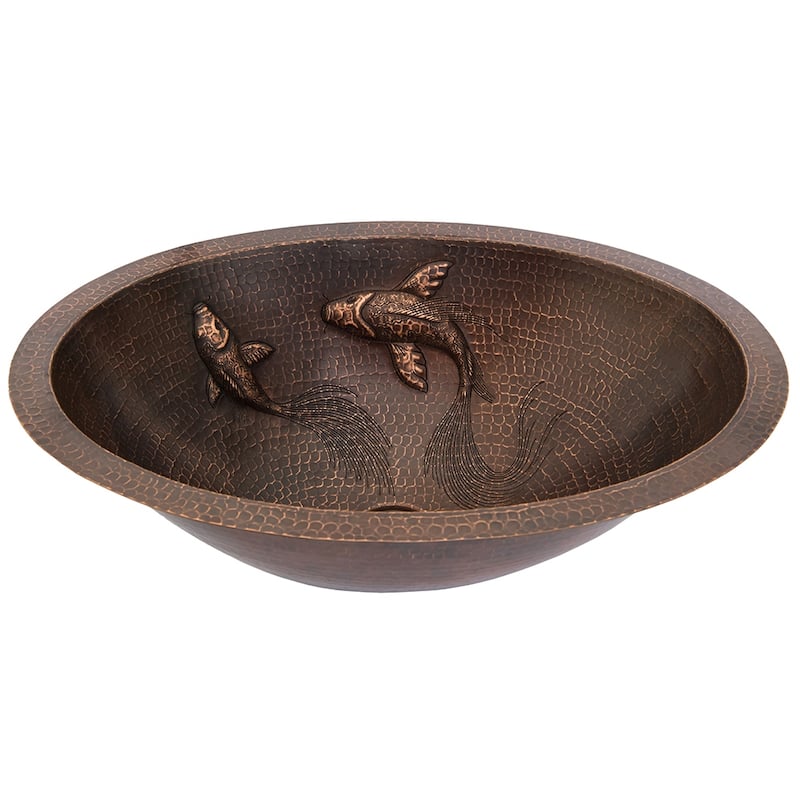 19" Oval Under Counter Hammered Copper Bathroom Sink with Koi Fish Design, Matching Drain and Accessories