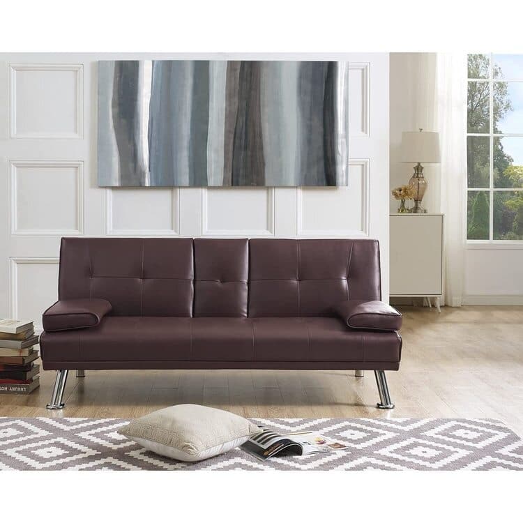 Futon Sofa Bed Couch with Armrest & Cupholders, Faux Leather Sofa Bed Couch Convertible Folding Reclining Small Couch