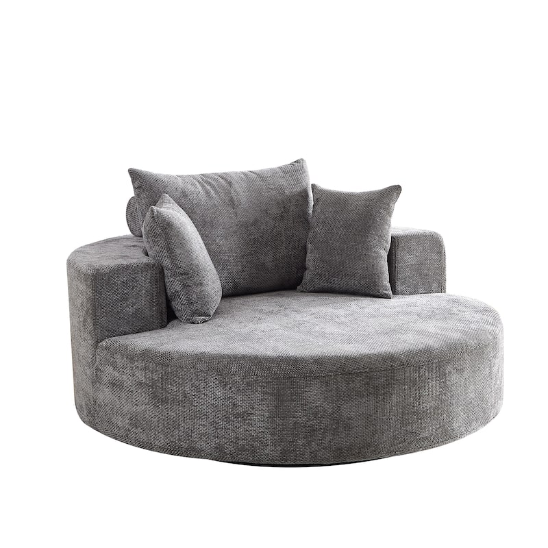 360° Swivel Sofa Chair Chenille Round Single Chaise Lounge with Cylindrical Neck Pillow and Integrated Backrest for Living Room