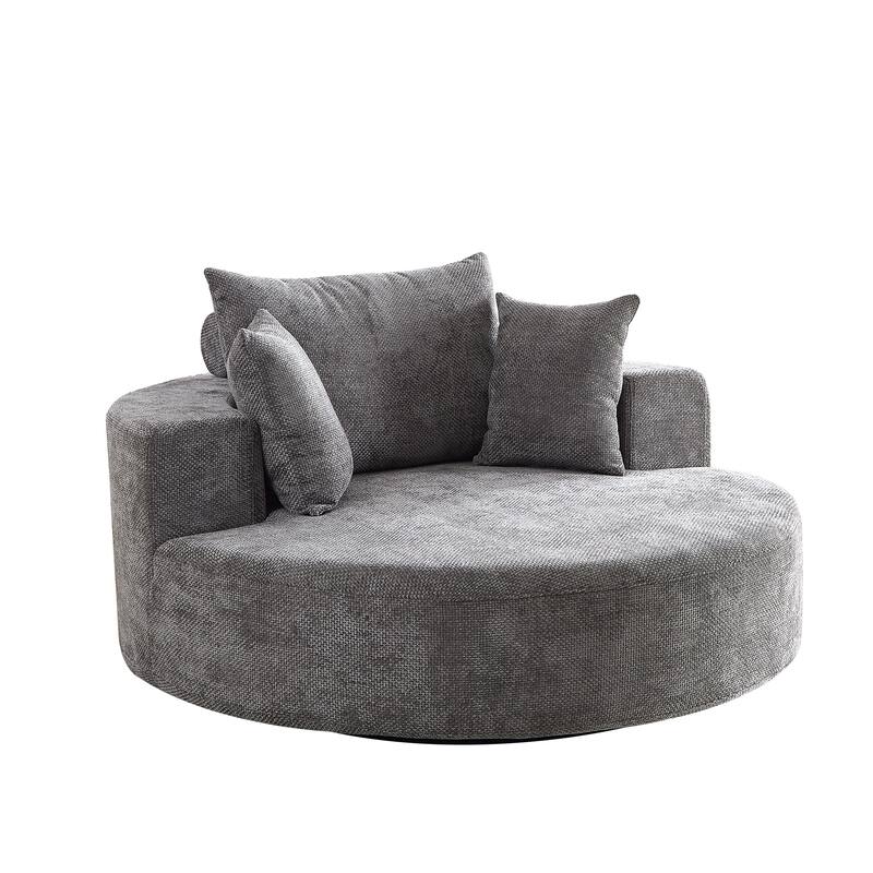 Oversized Swivel Barrel Chair, Chenille Upholstered Round Armchair, Single Sofa Chair with Headrest & 3 Cozy Pillows