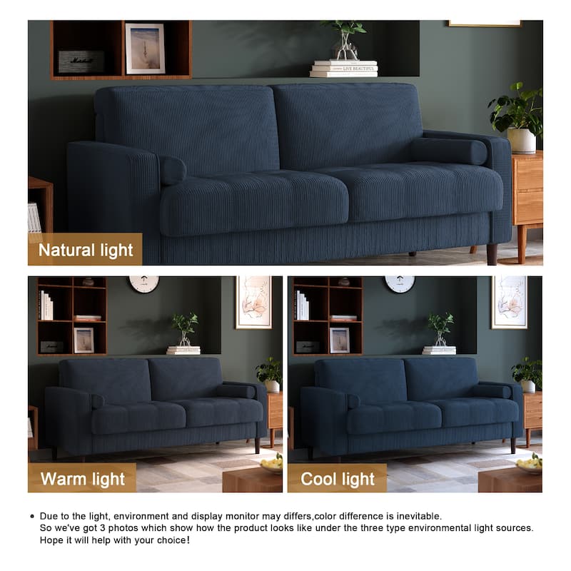 Modern Corduroy Upholstered 2 Seater Sofa with Bolster Pillows