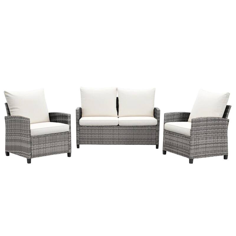 4-Piece Outdoor Wicker Patio Seating Sofa, 1 Love-seat and 2 Single Sofa - Gray/Beige