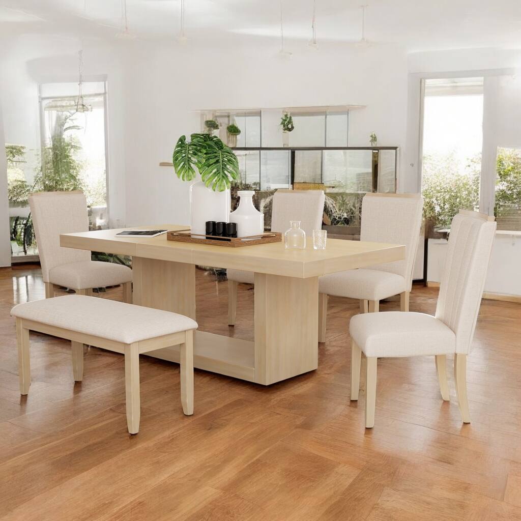 6-Piece Extendable Pedestal Dining Table Set, 78" Rectangular Table with 18" Removable Leaf, Upholstered Chairs & Bench for 6