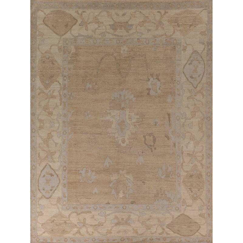Vegetable Dye Oushak Turkish Rug Handmade Floral Beige Wool Carpet - 7'11" x 10'2"
