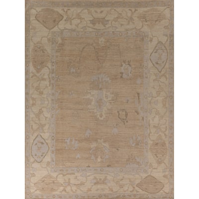 Vegetable Dye Oushak Turkish Rug Handmade Floral Beige Wool Carpet - 7'11" x 10'2"