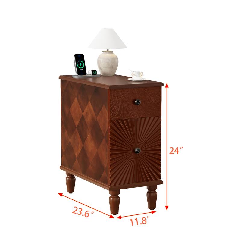 Mid-Century Modern Slim Side Table Walnut Nightstand with Charging Station and 2 Drawers for Bedroom Living Room