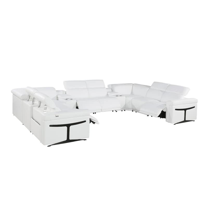 HomeRoots White Italian Leather Power Reclining U Shaped Ten Piece Corner Sectional With Console