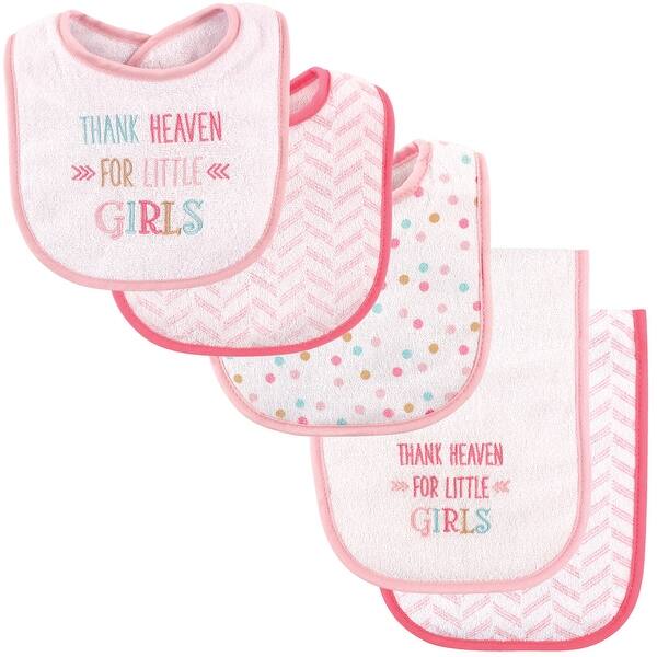 slide 1 of 1, Luvable Friends Baby Girl Bib and Burp Cloth Set 5pk, Girl Thank Heaven, One Size - Girl Thank Heaven - One Size
