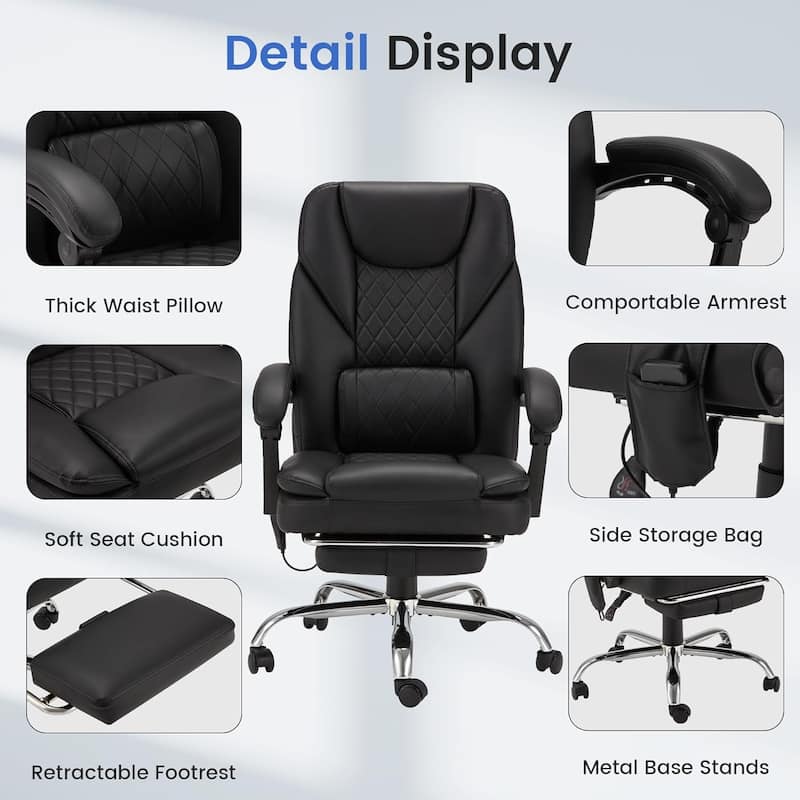 Ergonomic 6-Point Massage Office Chair with Heating, Reclining Function, Retractable Footrest, and Adjustable Armrests