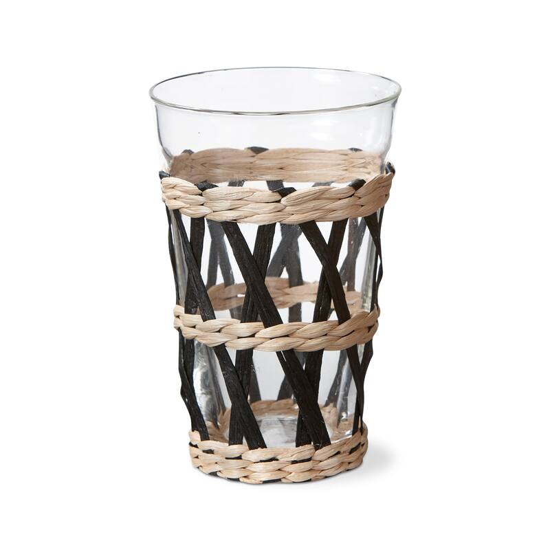 Island Collection Claer Glass Short Tumber Drinkware with Cattail Straw and Paper Weave Sleeve, 14 oz.