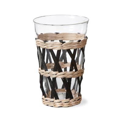 Island Collection Claer Glass Short Tumber Drinkware with Cattail Straw and Paper Weave Sleeve, 14 oz.