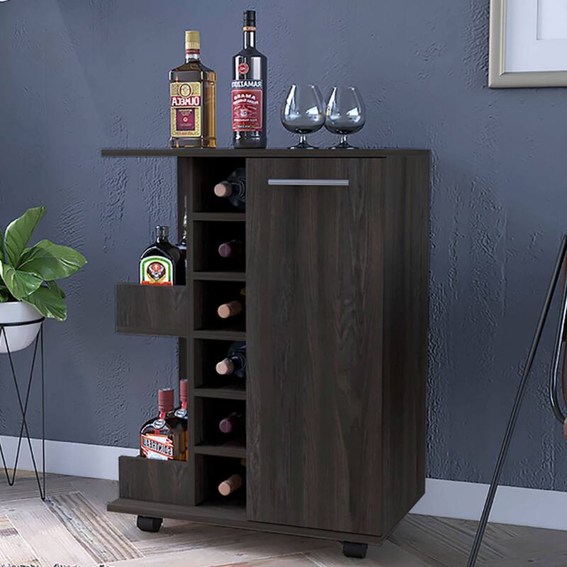 Black 32" H Bar-Coffee Cart with 6 Bottle Cubbies, 2 Open Shelves, and Locking Casters for Kitchen & Bar - Brown