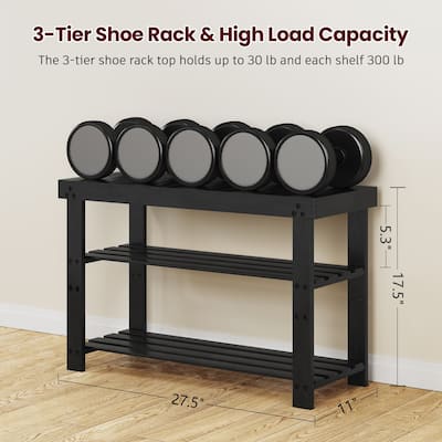 Bamboo Shoe Bench, 3-Tier Shoe Rack, Entryway Bench with Cushion and Adjustable Shelves, Shoe Rack for Entryway, Hallway