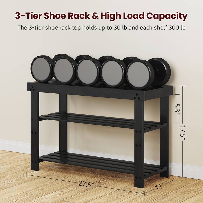 Bamboo Shoe Bench,3-Tier Shoe Rack,Entryway Bench with Cushion and Adjustable Shelves,Shoe Rack for Entryway,Living Room