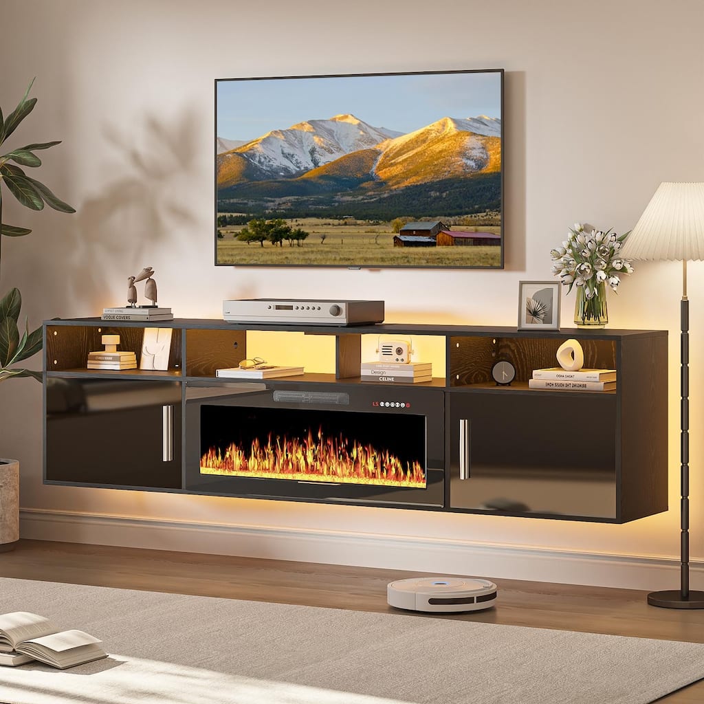 BOSSIN 80" Floating TV Stand with 36" Electric Fireplace, High Gloss Finish Wall Mounted Fireplace TV Stand with Storage