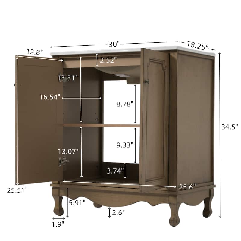 30-Inch Vintage Bathroom Vanity, Rectangle Ceramic Sink, 2 Doors, Solid Wood Legs and Adjustable Shelves