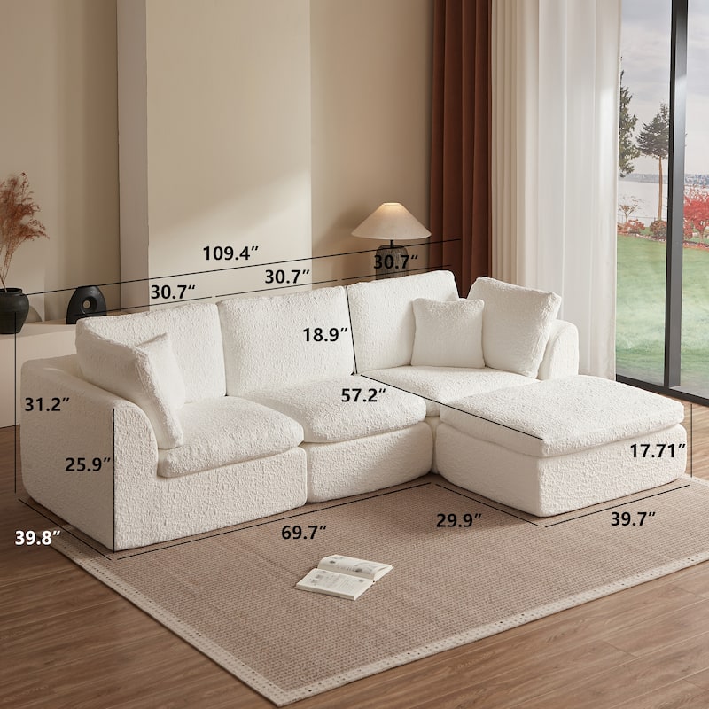 GDFStudio - 110" Cloud Modular Convertible L-Shaped 3-Seater Sectional Sofa with Ottoman - White