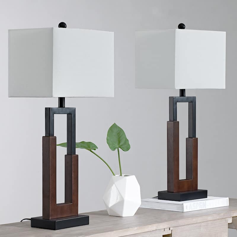 30" Wood/Black Table Lamp Set With USB (Set of 2)