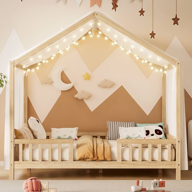 Montessori Bed, House-shape Frame Platform Bed for Kids Toddler, Wood House Daybed with High Railings and Roof, Canopy Bed Frame