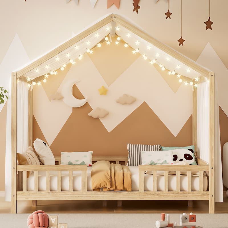 Montessori Toddler Bed Kids House Bed with Airy Canopy, Wood Bed Frame Bed Tent with 4 Full Guardrails, No Box Spring Needed