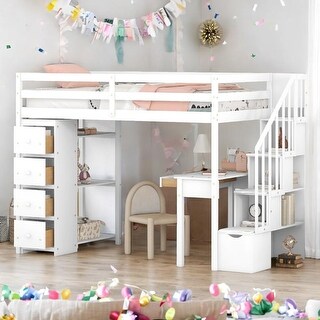 Twin size Loft Bed with Storage Drawers ,Desk and Stairs, Wooden Loft Bed with Shelves, No box spring required- White