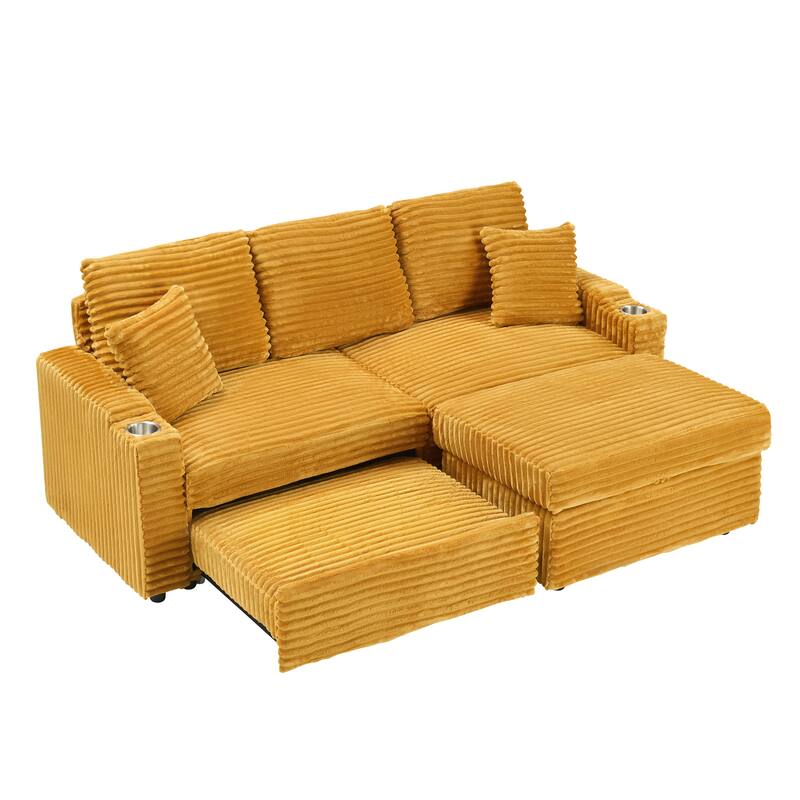 80-Inch Orange Corduroy Foldable Sofa with Cup Holders and Footrest