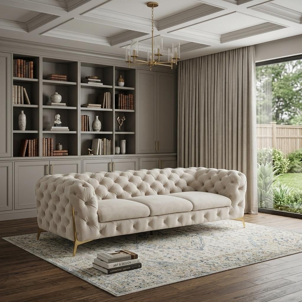 HomeRoots 97" Beige Velvet Sofa With Gold Legs